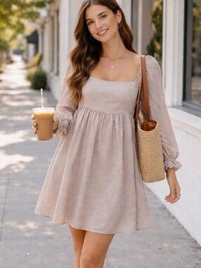 Storia Square Neck Puff Sleeve Mini Dress in Blush